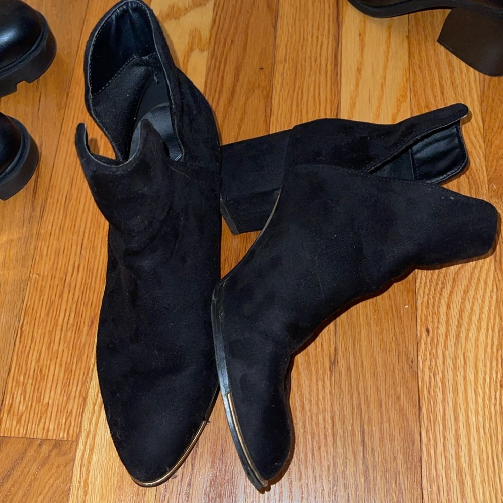 Gold tipped faux suede ankle booties